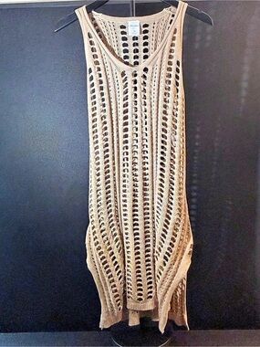 Cha Cha Open Knit Crochet Midi Cover-Up Dress Size 2X Tan Beige Sleeveless, laye
